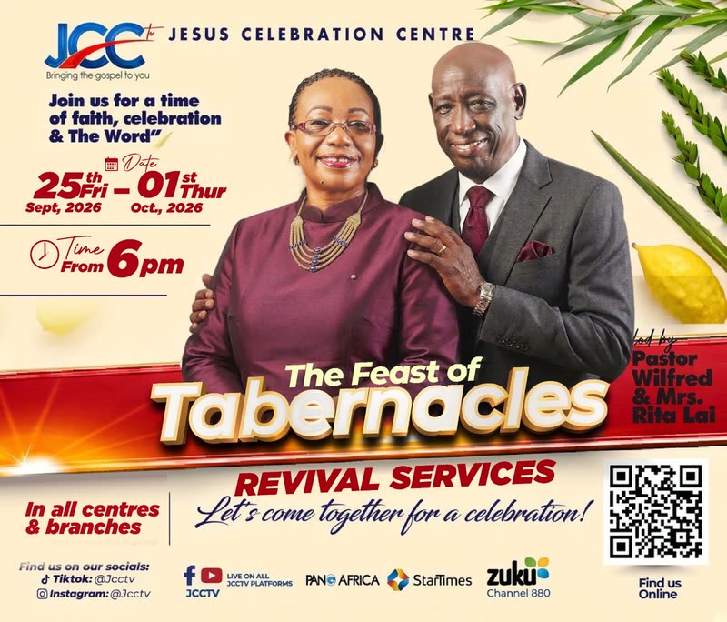The Feast of Tabernacles Revival Services poster: 25 September to 1 October 2026 from 6 PM in all centres and branches, led by Pastor Wilfred and Mrs. Rita Lai