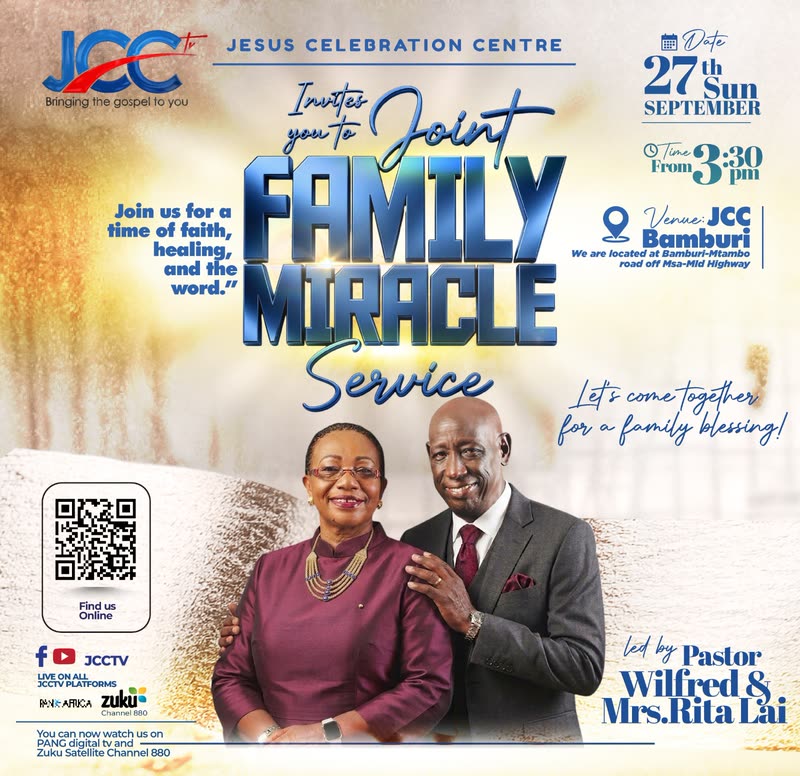 Joint Family Miracle Service poster: Sunday 27 September from 3:30 PM at JCC Bamburi, led by Pastor Wilfred and Mrs. Rita Lai