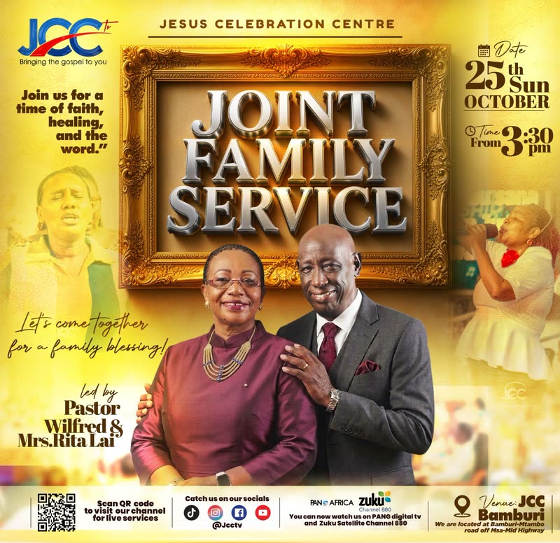 Joint Family Service poster: Sunday 25 October from 3:30 PM at JCC Bamburi, led by Pastor Wilfred and Mrs. Rita Lai