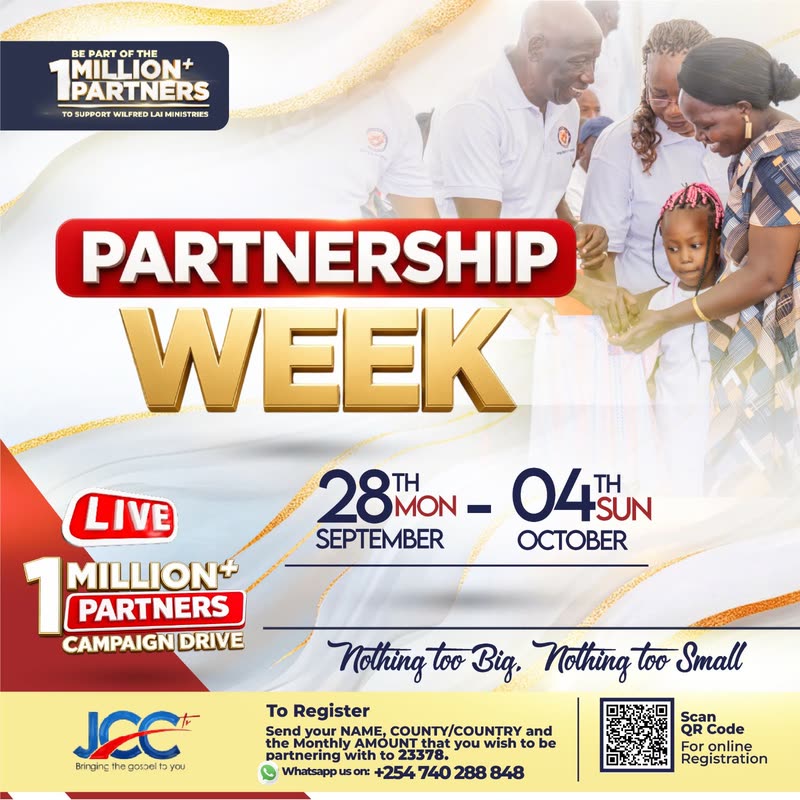 Partnership Week poster: 28 September to 4 October, live on JCC TV. 1 Million+ Partners campaign drive. Nothing too big, nothing too small.