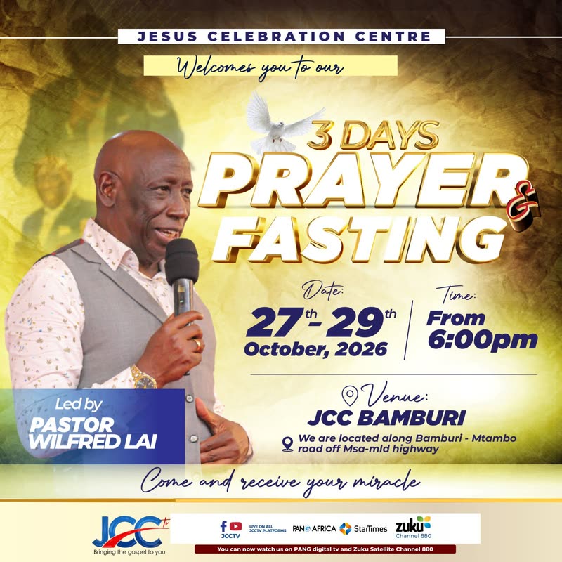 3 Days Prayer and Fasting poster: led by Pastor Wilfred Lai, 27 to 29 October 2026 from 6:00 PM at JCC Bamburi