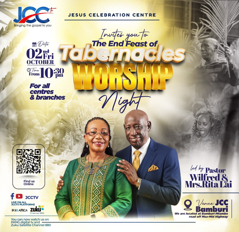 The End Feast of Tabernacles Worship Night poster: Friday 2 October from 10:30 PM at JCC Bamburi, for all centres and branches, led by Pastor Wilfred and Mrs. Rita Lai